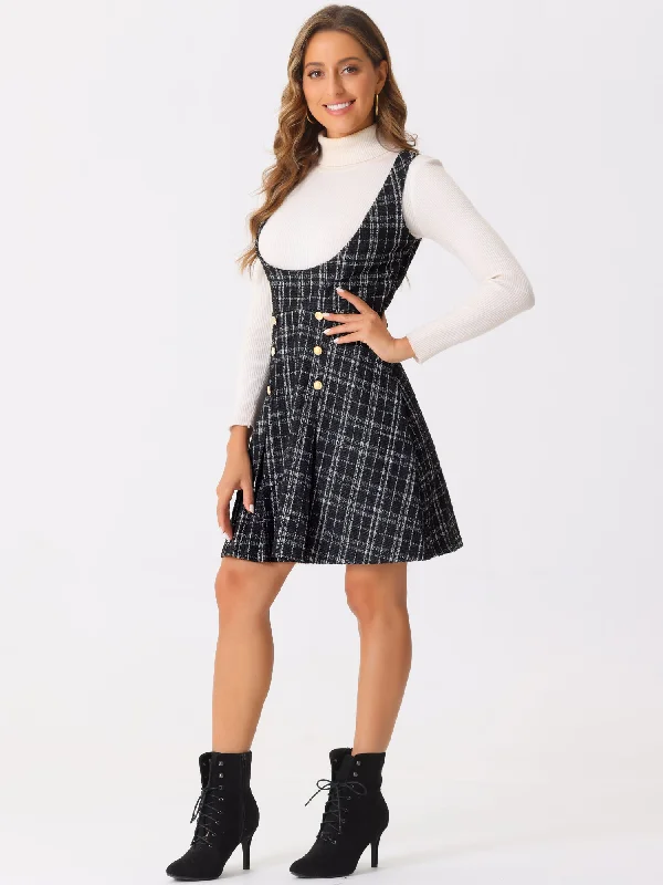 Button Decor U Neck Plaid Tweed Overall Pinafore Dress One-shoulder unclassified dresses