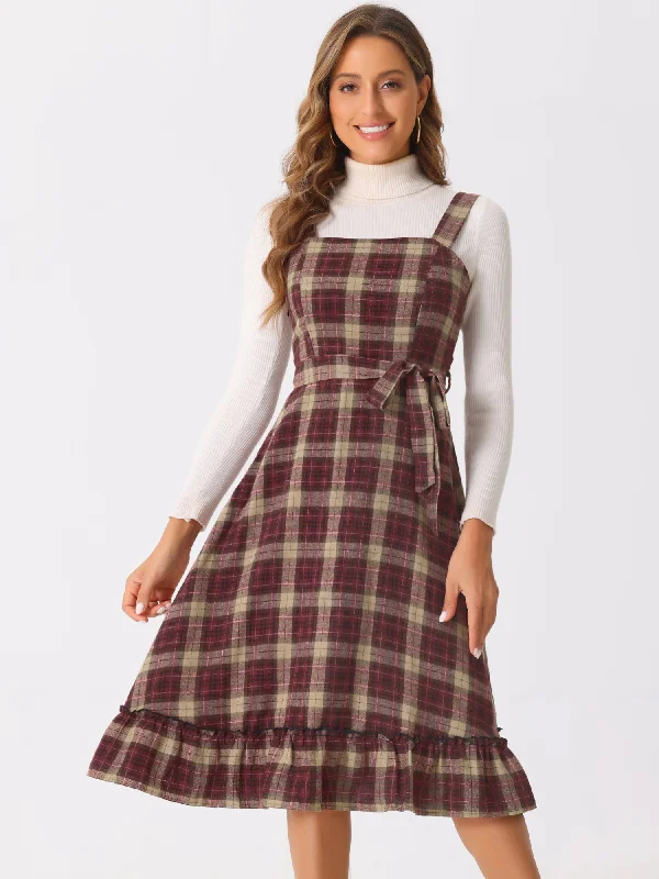 Plaid Ruffled Sleeveless Tie Waist A-Line Pinafore Overall Dress Ruffled unclassified dresses