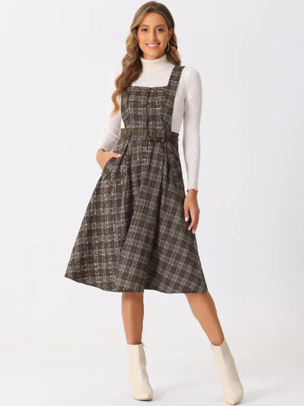 Plaid Overall Vintage Sleeveless Pockets A-Line Pinafore Dress Club unclassified dresses