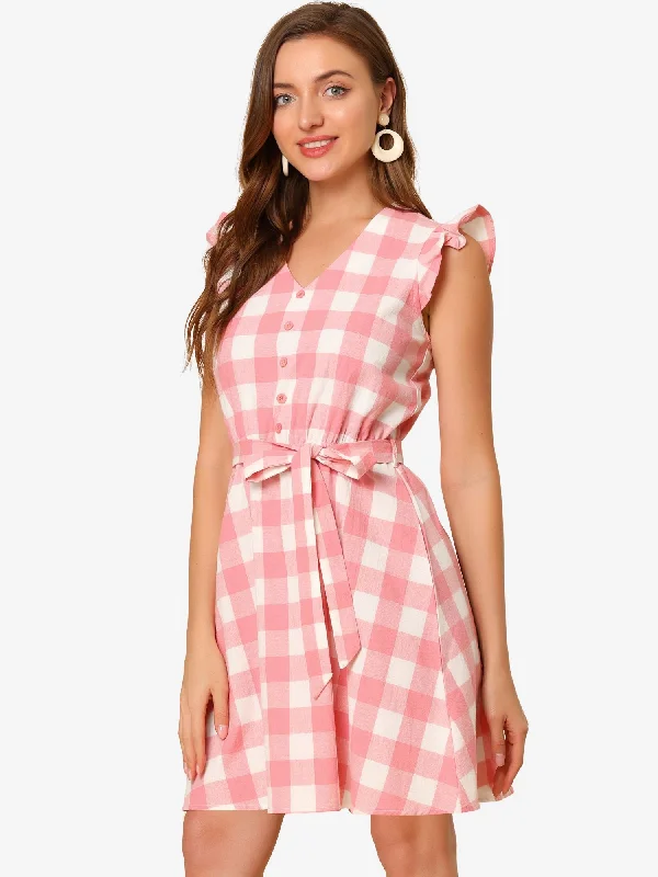 Casual Plaids Ruffled Sleeve A-Line Gingham Check Dress Off-shoulder unclassified dresses