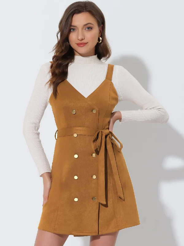 Faux Suede V Neck Button Down Belted Pinafore Overall Dress Engagement unclassified dresses