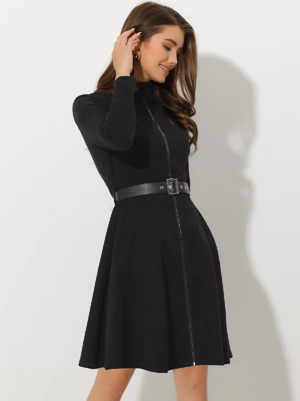 Faux Suede Stand Collar Zip Up Belted Vintage Dress Polka dot unclassified dresses