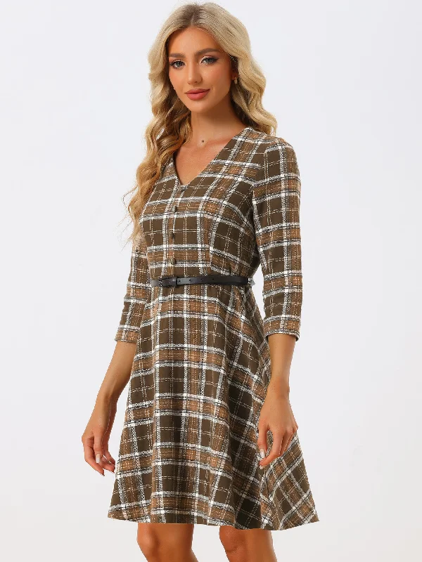 Retro Plaid V Neck 3/4 Sleeve Button Decor Belted A-Line Dress Cocktail unclassified dresses