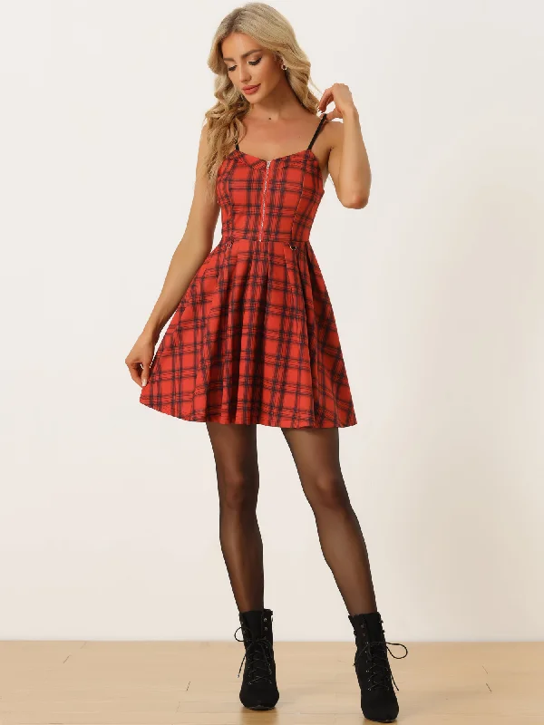 Elegant Plaid Spaghetti Strap Christmas Skater Dress Trendy unclassified dresses