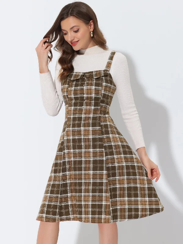 Plaid Vintage Sleeveless Tie Waist A-Line Overall Pinafore Dress Long sleeve unclassified dresses