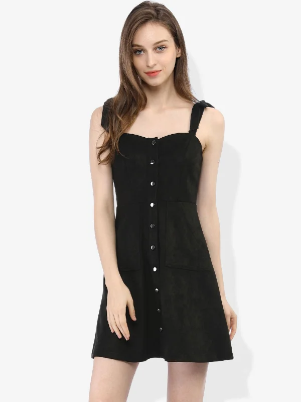 Casual Pinafore Overall Button Down Sleeveless Faux Suede Dress Vintage unclassified dresses