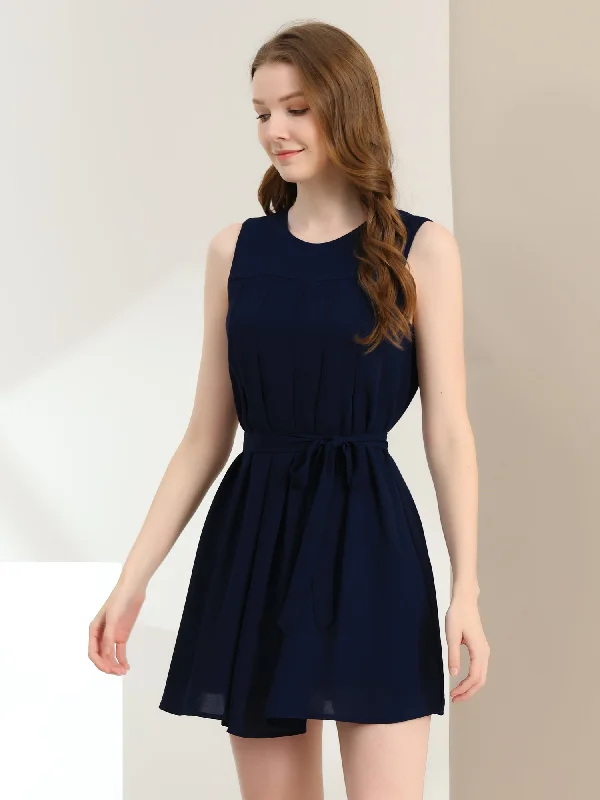 Sleeveless Round Neck Pleated Belted Chiffon Summer Dress Elegant unclassified dresses