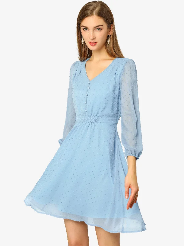 Swiss Dots Elastic Waist 3/4 Sleeve A-line Solid Flowy Chiffon Dress Beach unclassified dresses