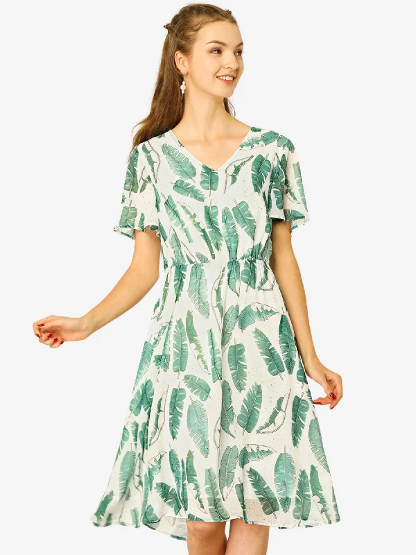 Boho Flowy Hawaiian Tropical Leaves Flutter Sleeve Chiffon Dress Silk unclassified dresses