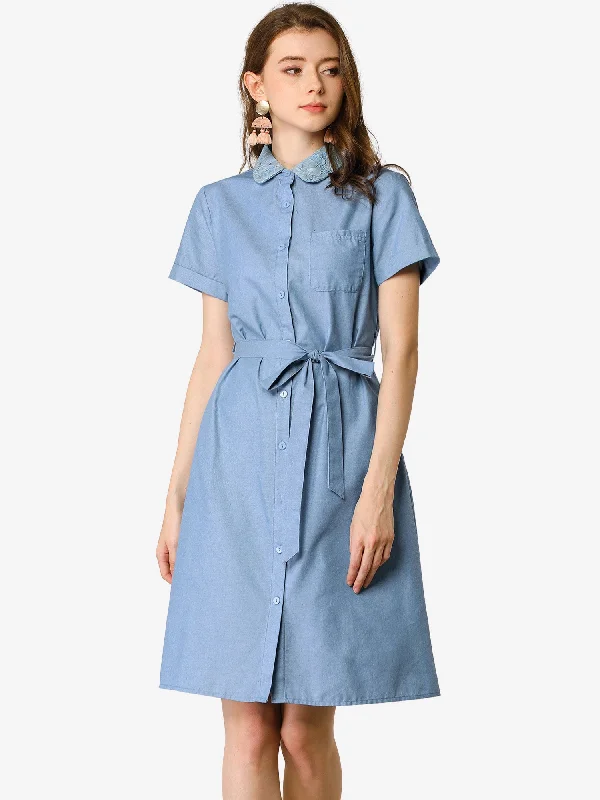 Peter Pan Collar Shift Button-Down Bow Tie Waist Cotton Dress Metallic unclassified dresses