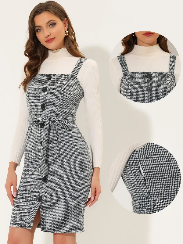 Plaid Overall Bow Tie Waist Vintage Sheath Jumper Dress Lounge unclassified dresses