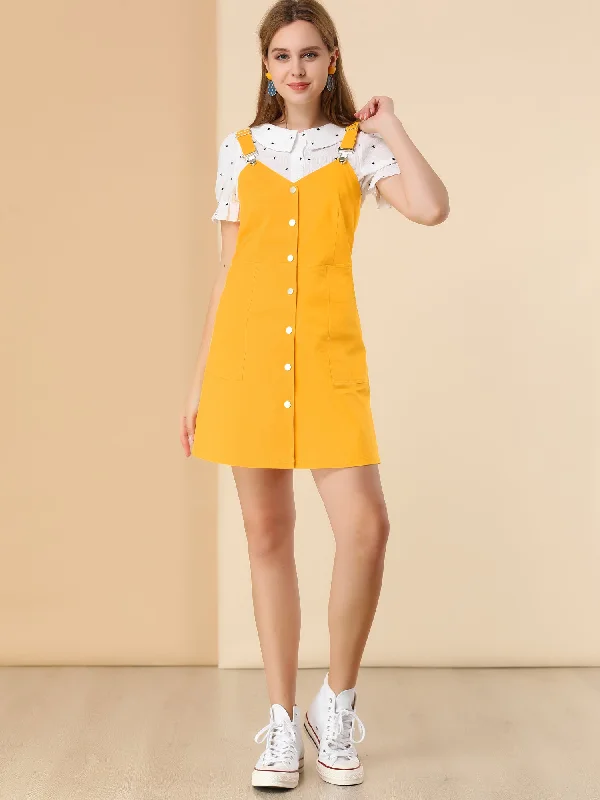 Button Down Adjustable Strap Pockets Cotton Pinafore Overall Dress Fashionable unclassified dresses