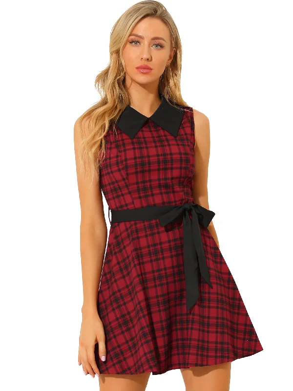 A-line Belted Vintage Sleeveless Plaid Dress Printed unclassified dresses