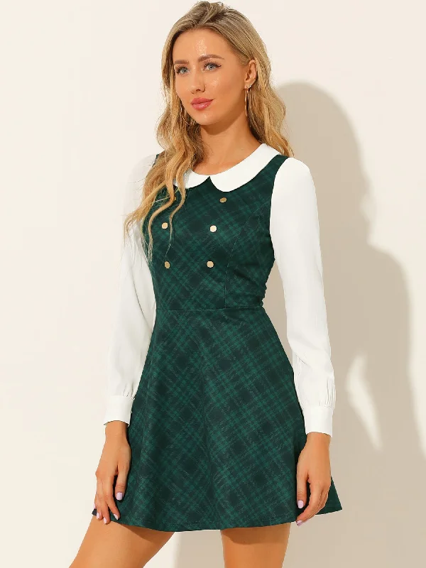 Peter Pan Collar Contrast Color Button Decor Plaid Dress Stretchy unclassified dresses