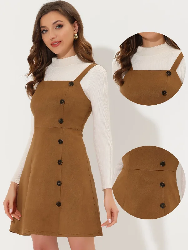 Faux Suede Button Above Knee A-Line Pinafore Overall Dress Festival unclassified dresses