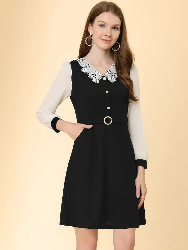 Peter Pan Collar Elegant Contract Panel Pockets A-Line Dress Anniversary unclassified dresses