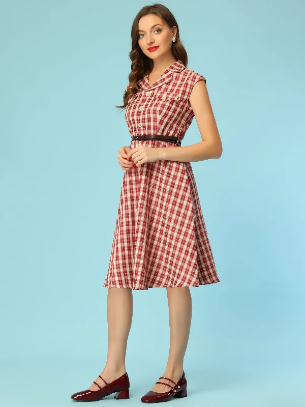 Button Front Retro Cap Sleeve Belted Waist Plaid Dress Cotton unclassified dresses