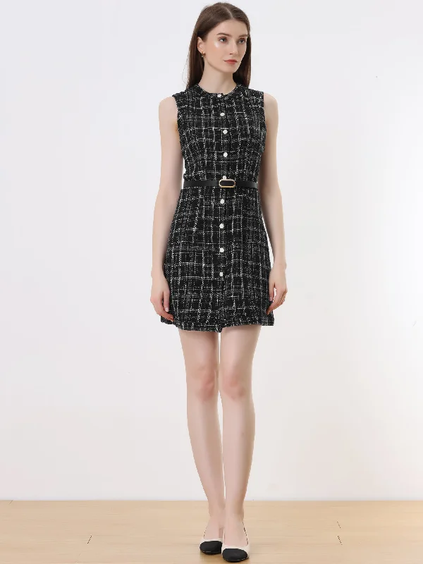 Vintage Pinafore Round Neck Button Down Sleeveless Plaid Tweed Dress Mesh unclassified dresses