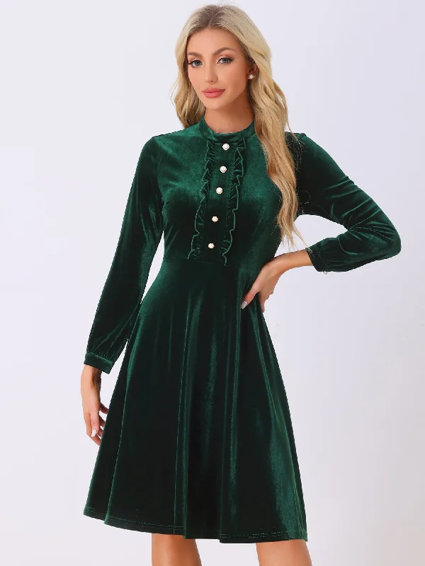 Retro Velvet Mock Neck Button Front Ruffle Flared Dress Lightweight unclassified dresses