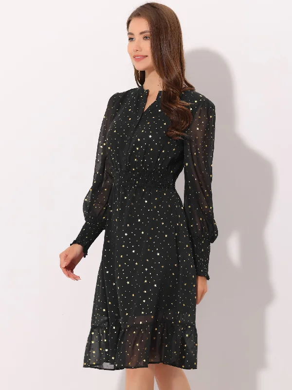 Metallic Star V Neck Button Up Smocked Chiffon Dress Velvet unclassified dresses