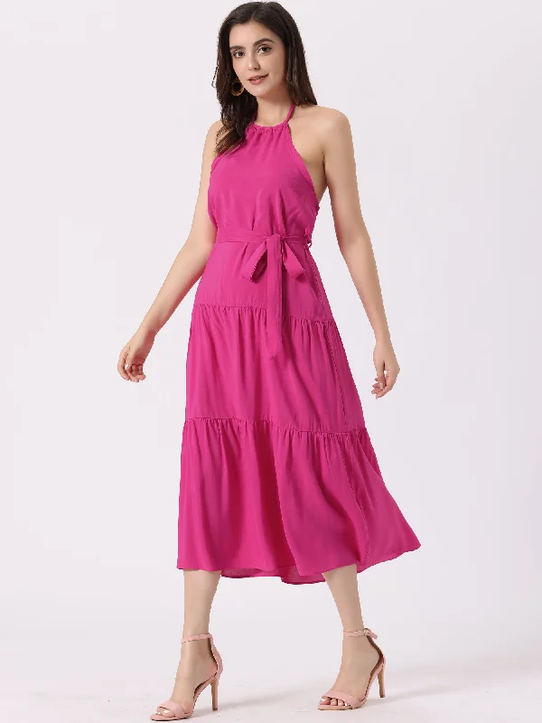 Casual Sleeveless Halter Backless A Line Solid Swing Tiered Dress Sundress Preppy unclassified dresses