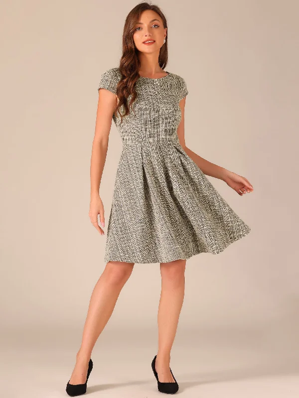 Plaid Tweed Round Neck Cap Sleeve A-Line Vintage Pleated Dress One-shoulder unclassified dresses