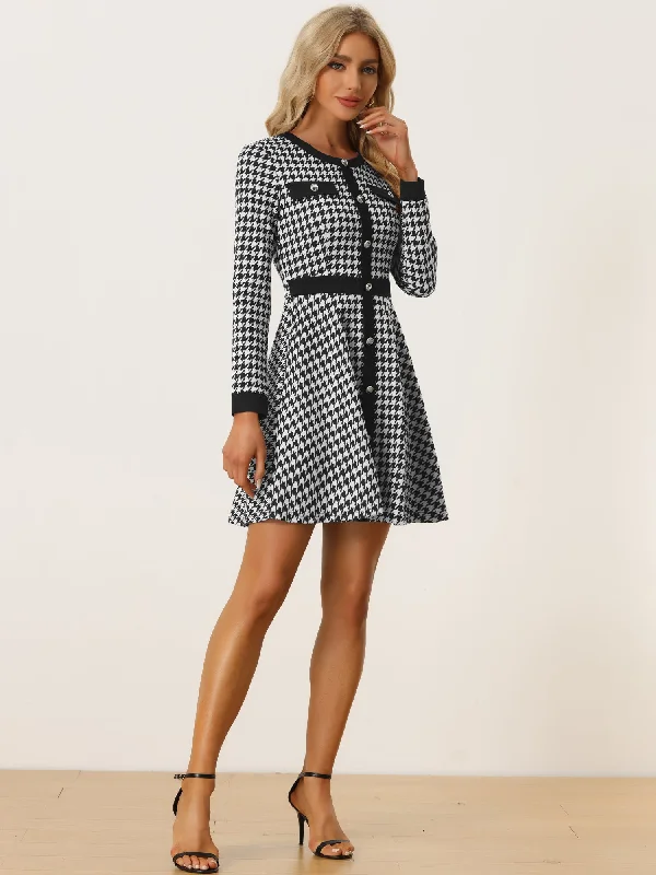 Houndstooth Plaid Contrast Color Crew Neck Button A-Line Dress Sexy unclassified dresses