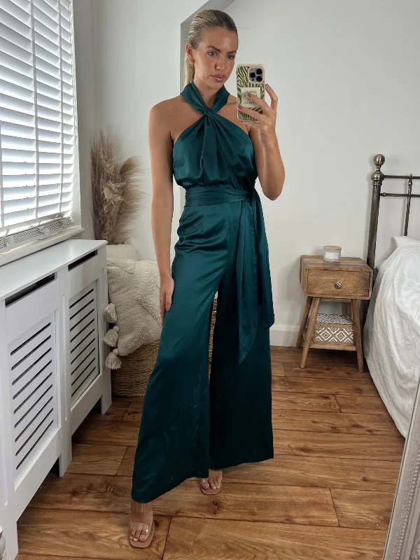 Romy Satin Halter Jumpsuit / Green Sleeveless unclassified dresses