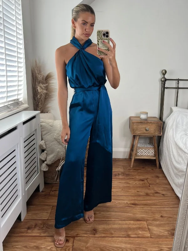 Romy Satin Halter Jumpsuit / Peacock Blue Lounge unclassified dresses