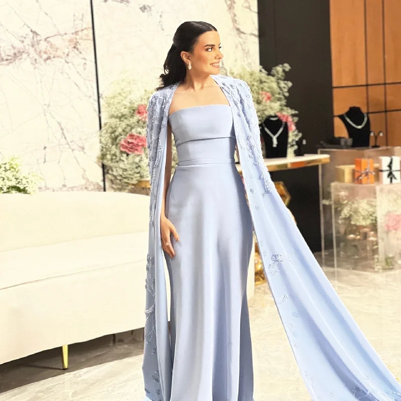 Elegant Blue Mermaid Evening Dress with Cape Sleeves SS407 Tulle unclassified dresses