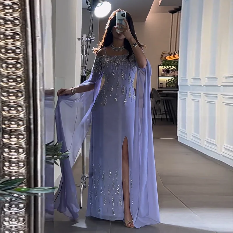 Luxury Lilac Mermaid Slit Evening Dress with Cape Sleeves SS448 Bodycon unclassified dresses