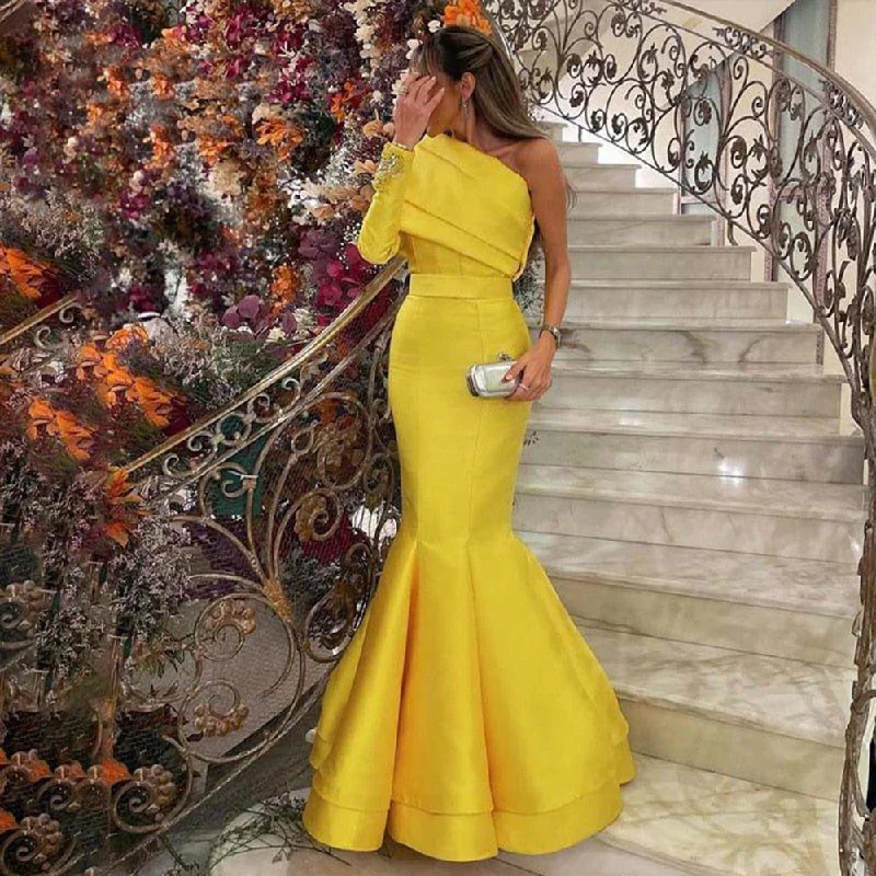 Elegant Yellow One Shoulder Mermaid Evening Dress SF014 Fall unclassified dresses