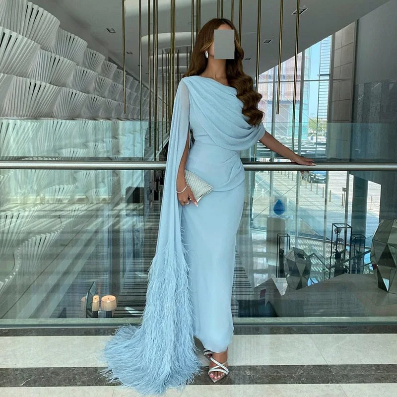 Elegant Light Blue Evening Dresses with Feathers Cape sleeve SS312 Long sleeve unclassified dresses