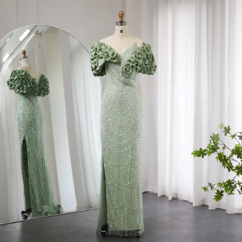 Elegant Off Shoulder Mermaid Sage Green Slit Evening Dress SS288 Holiday unclassified dresses