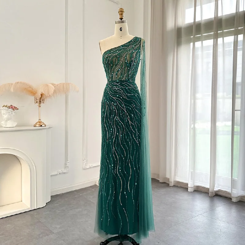 Emerald Green One Shoulder Evening Dress with Cape Sleeve SS219 Comfortable unclassified dresses