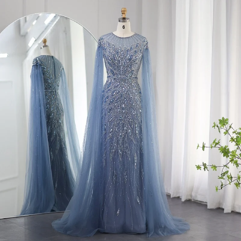 Luxury Blue Mermaid Evening Dress with Cape Sleeves SS009 Unique unclassified dresses