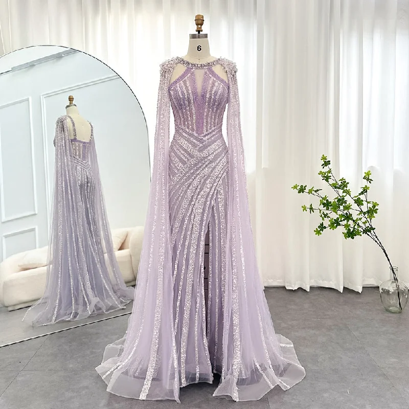 Luxury Crystal Lilac Evening Dress with Cape Sleeves SS203 Color block unclassified dresses