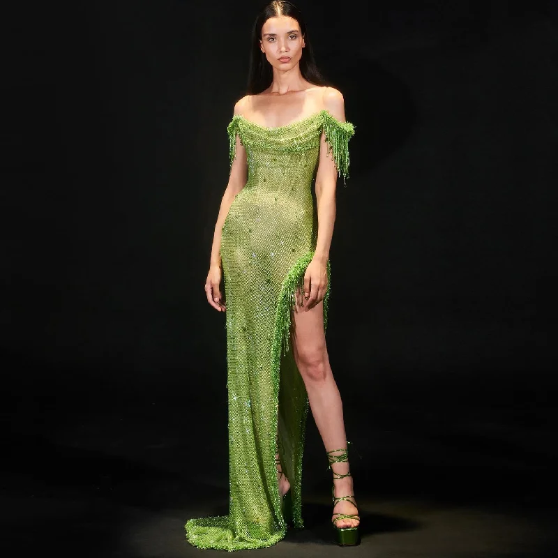 Luxury Tassel Sage Green Slit Evening Dress SS382 Ruched unclassified dresses