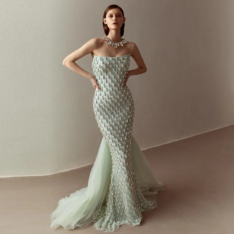 Luxury Crystal Pearls Sage Green Evening Dress with Cape SS431 High-end unclassified dresses