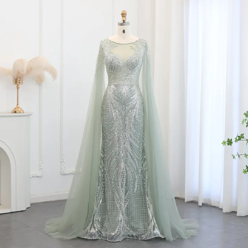 Luxury Sage Green Evening Dress with Cape Sleeves SS049 Bold pattern unclassified dresses