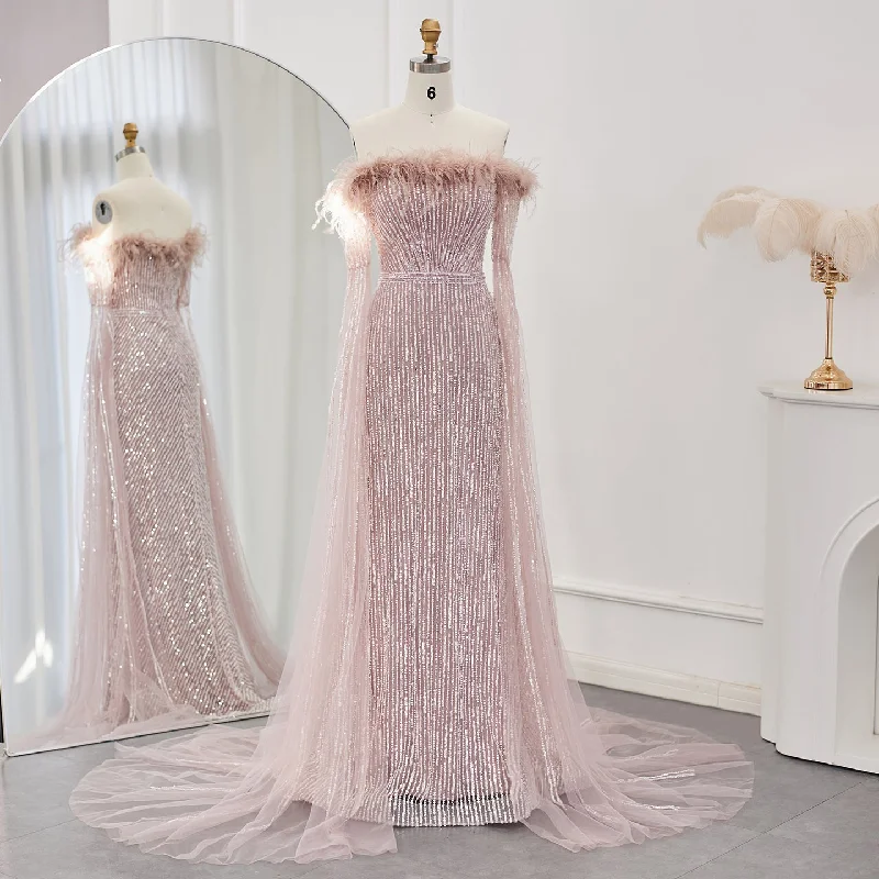 Luxury Feathers Pink Evening Dress with Cape Sleeves  SS215 Beach unclassified dresses