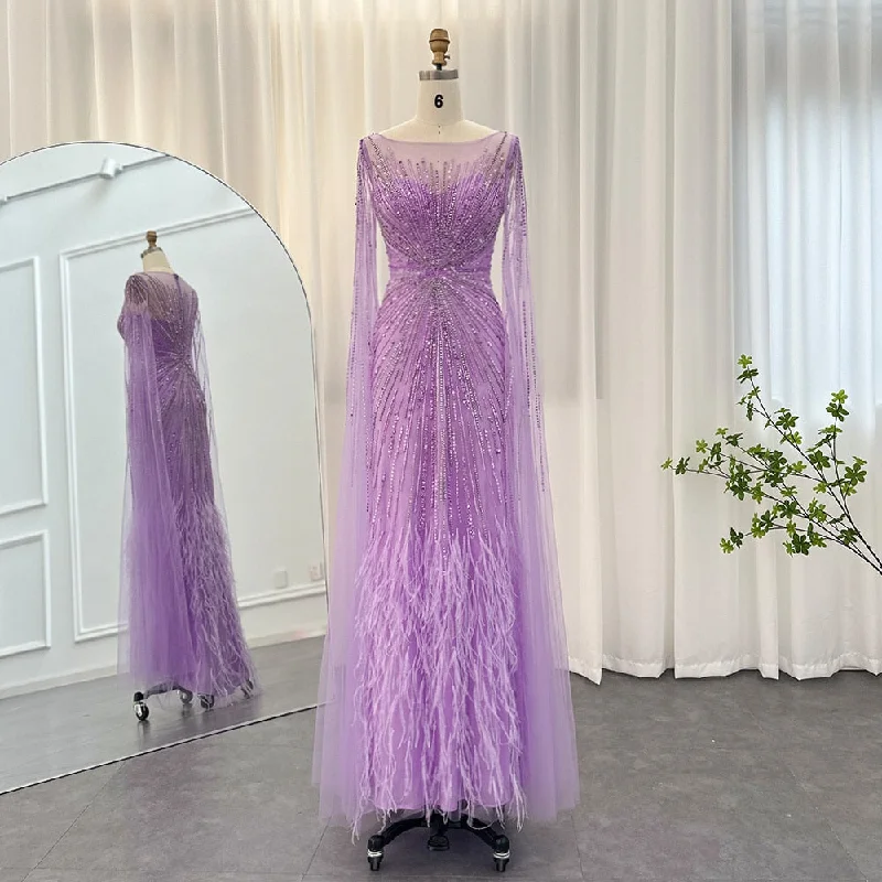 Luxury Lilac Feathers Evening Dress with Cape Sleeves SS196 Preppy unclassified dresses