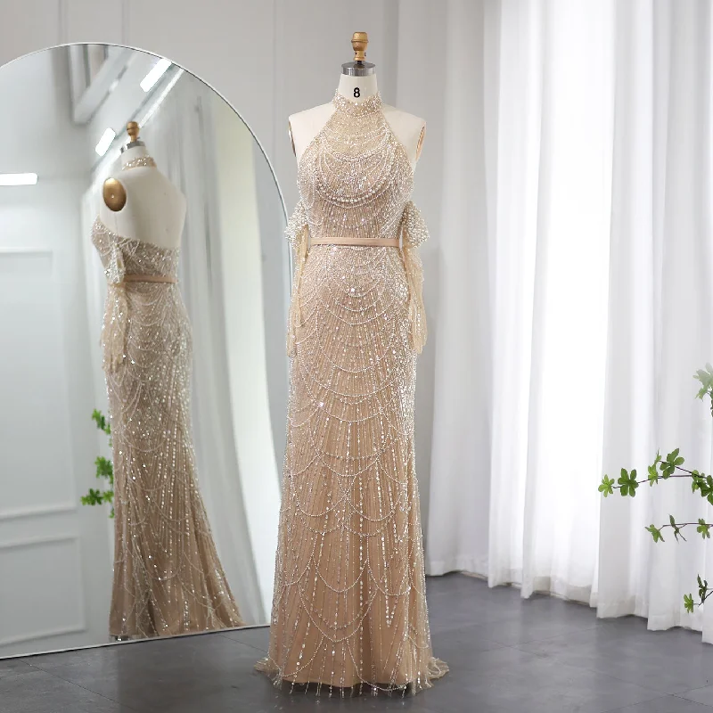 Luxury Nude Halter Mermaid Evening Dress with Gloves SS289 Plus size unclassified dresses