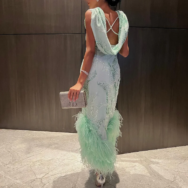 Luxury Feather Sage Green Criss Cross Evening Dress SS436 Monochrome unclassified dresses