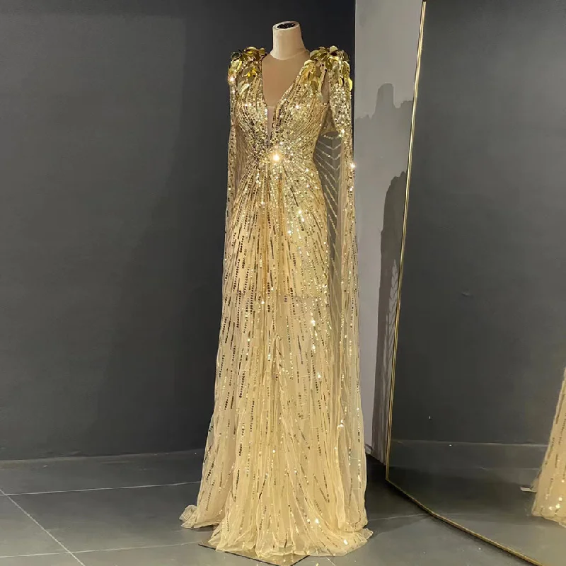 Luxury Sparkly Gold Evening Dress with Cape SS562 Popular unclassified dresses