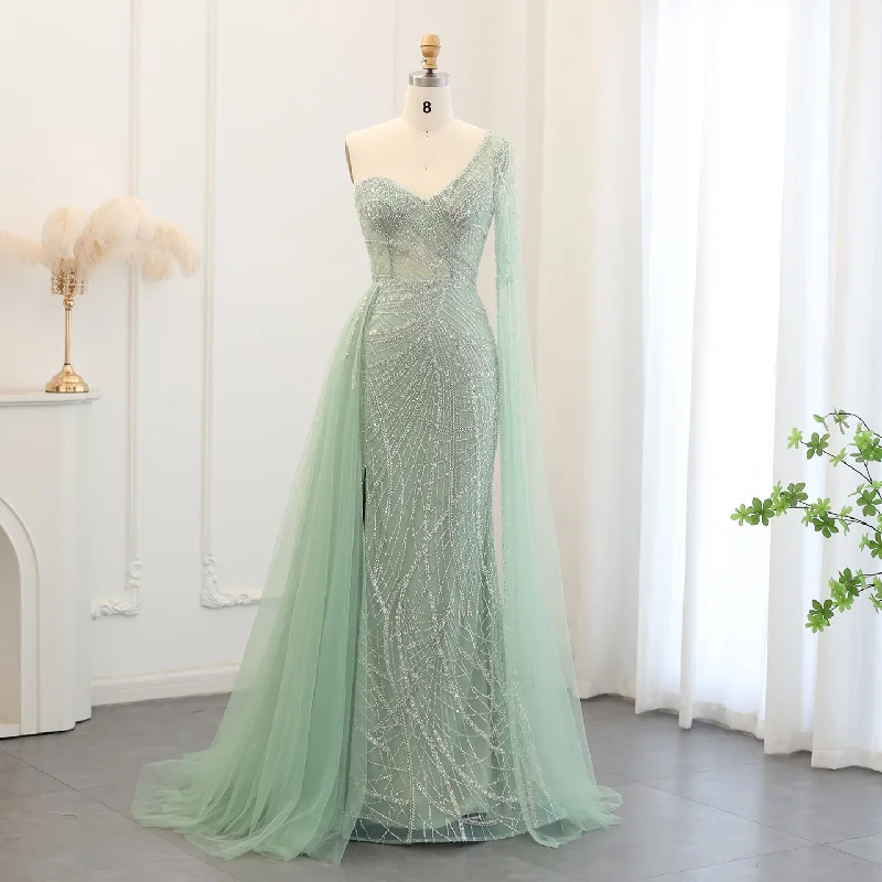 Luxury One Shoulder Green Evening Dress with Cape Sleeve SS054 Neutral tone unclassified dresses