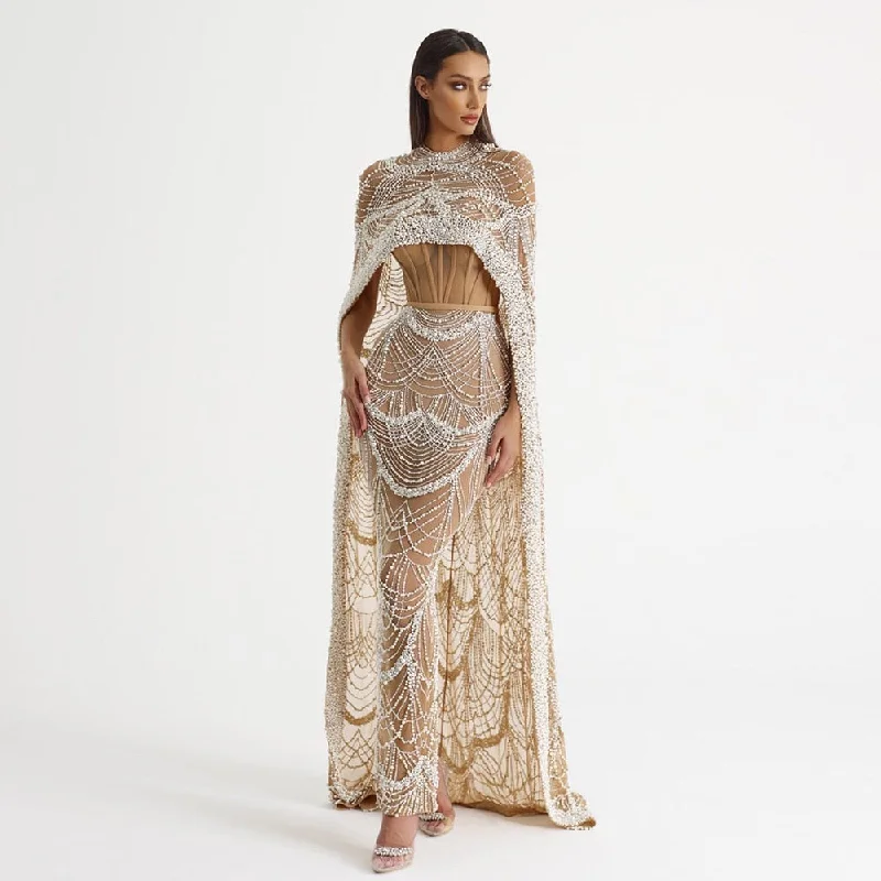 Luxury Pearls Champagne Evening Dress with Cape SS369 Beaded unclassified dresses