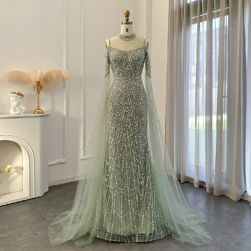 Luxury Sage Green Evening Dress with Cape Sleeves SS205 Everyday wear unclassified dresses