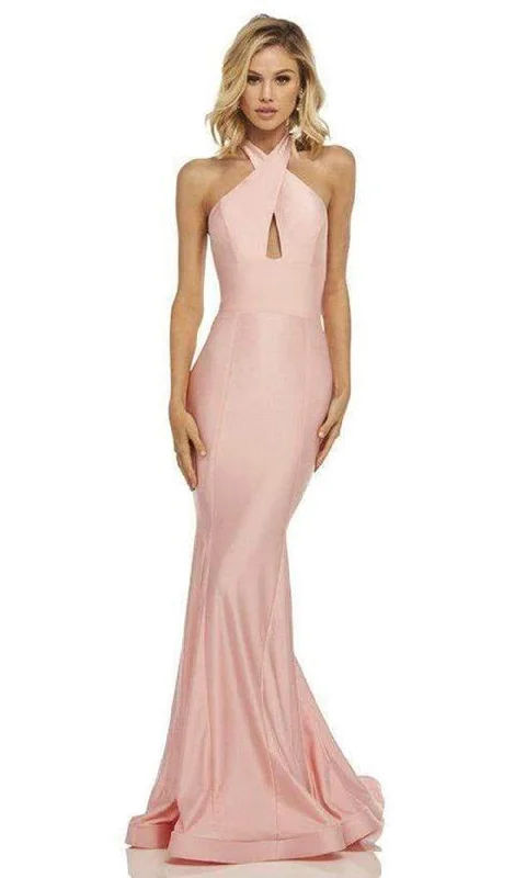 Sherri Hill - Satin Cross Halter Mermaid Dress With Train 52784 Striped unclassified dresses