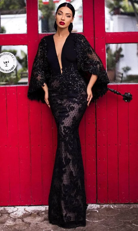 Tarik Ediz 93821 - Beaded Applique Cape Evening Dress Breathable unclassified dresses